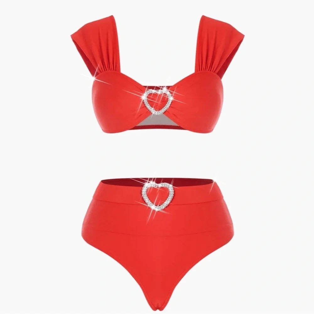 Rhinestone Heart ✦ Red Silver Bikini Set ✦ Sweetheart Neck Belted High-Cut L NWT